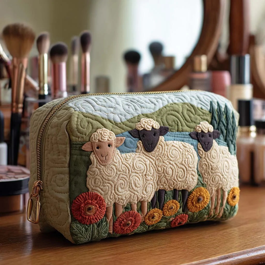 Cosmetic Bag Quilted Padded Sheep Print Zip-Around Closure