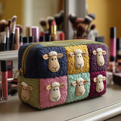 Cosmetic Bag Quilted Padded Sheep Print Zip-Around Closure