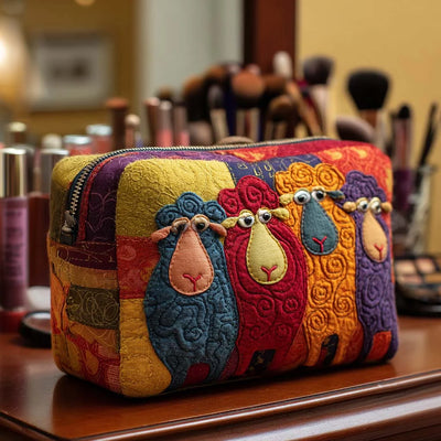 Cosmetic Bag Quilted Padded Sheep Print Zip-Around Closure