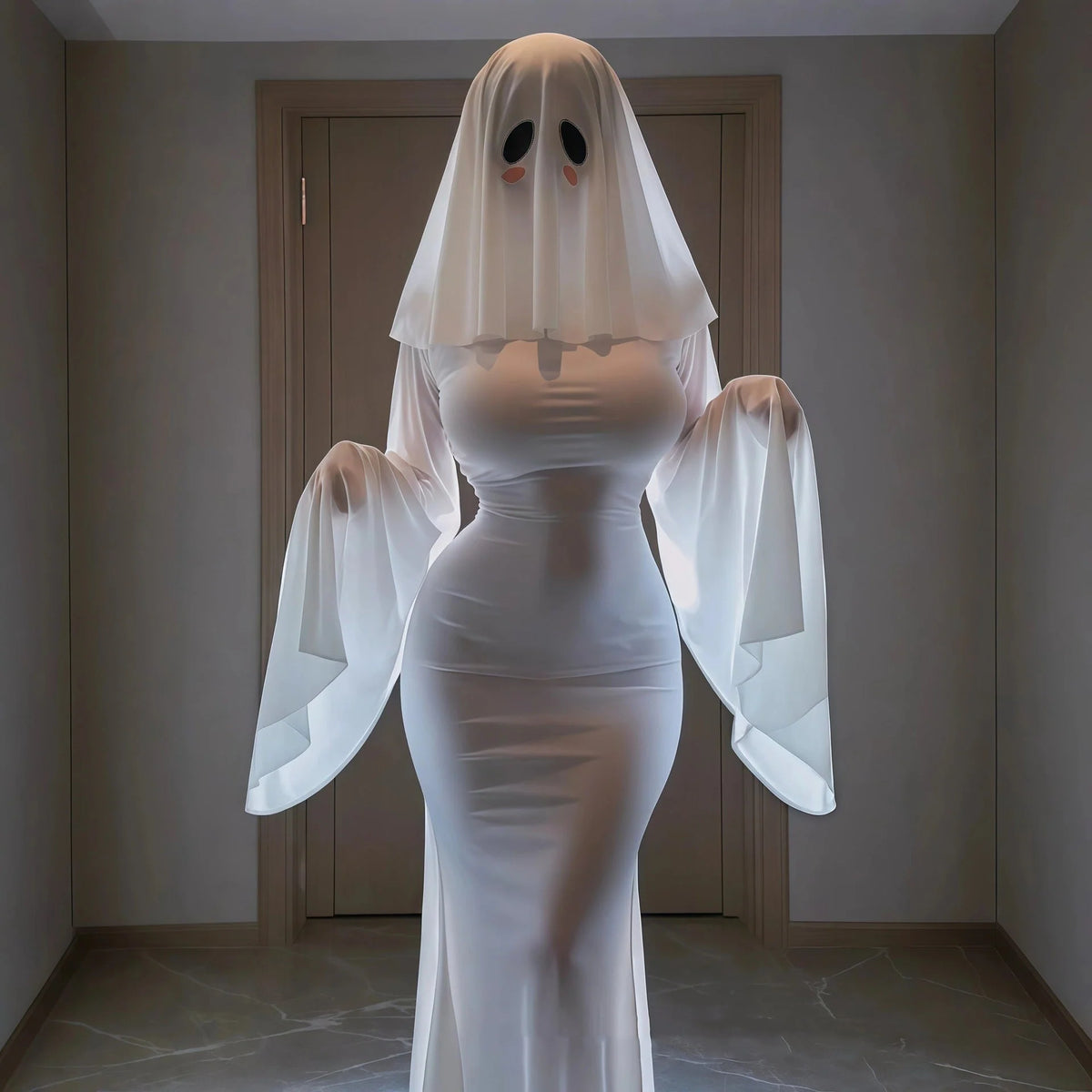 Cosplay Costume Fitted White Polyester Dress & Mask