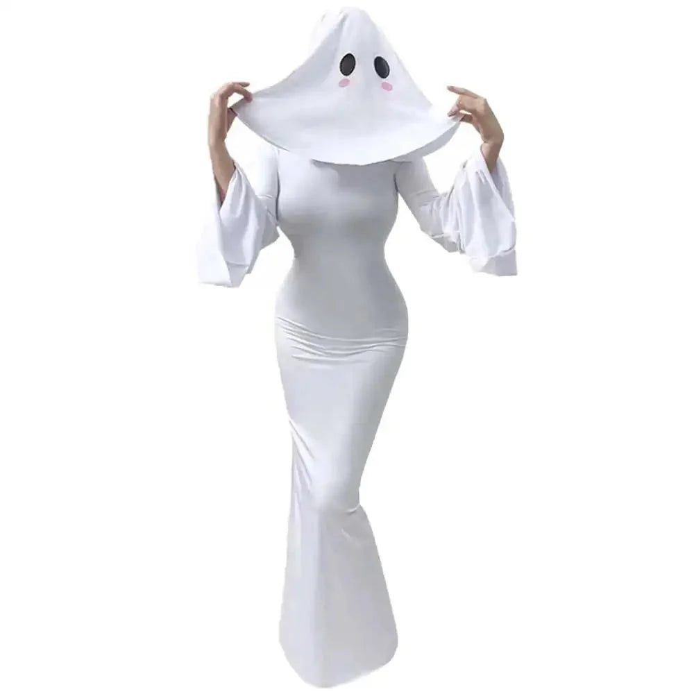 Cosplay Costume Fitted White Polyester Dress & Mask