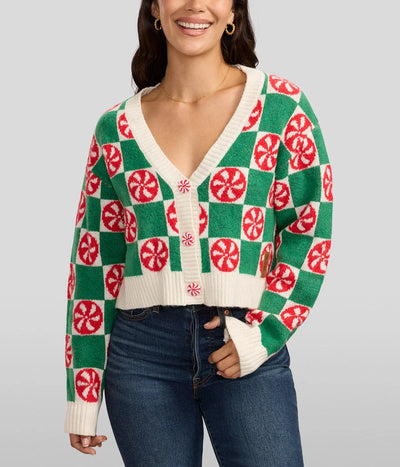 Cropped Cardigan Mint Green Checkered Cotton Blend Stretch
