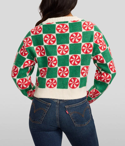 Cropped Cardigan Mint Green Checkered Cotton Blend Stretch
