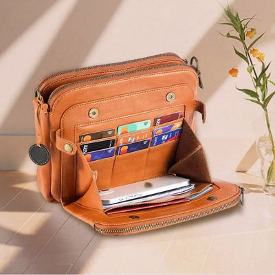 Crossbody Bag Full-Grain Leather Fits 10-Inch Tablet Multiple Compartments