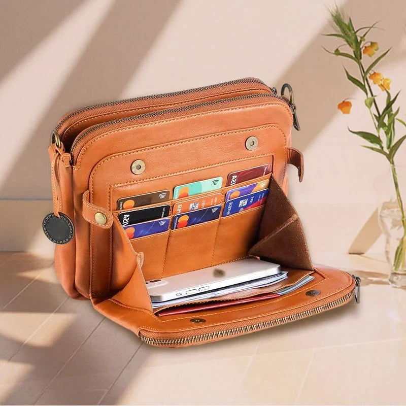Crossbody Bag Full-Grain Leather Fits 10-Inch Tablet Multiple Compartments