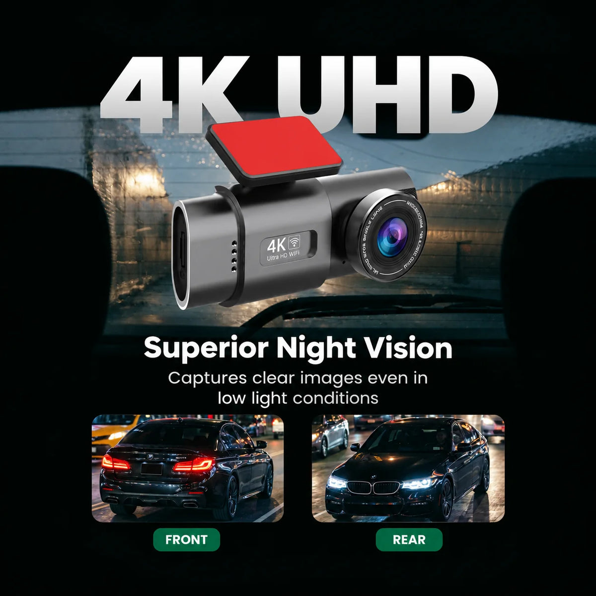 Dash Cam Dual-Lens 4K Front & Full HD Rear