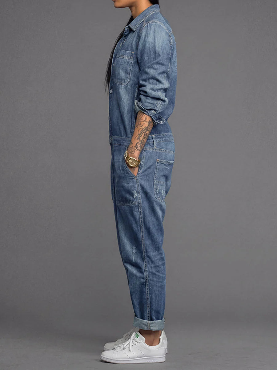 Denim Jumpsuit Lightweight Cotton Utility Pockets Relaxed Fit
