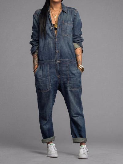 Denim Jumpsuit Lightweight Cotton Utility Pockets Relaxed Fit