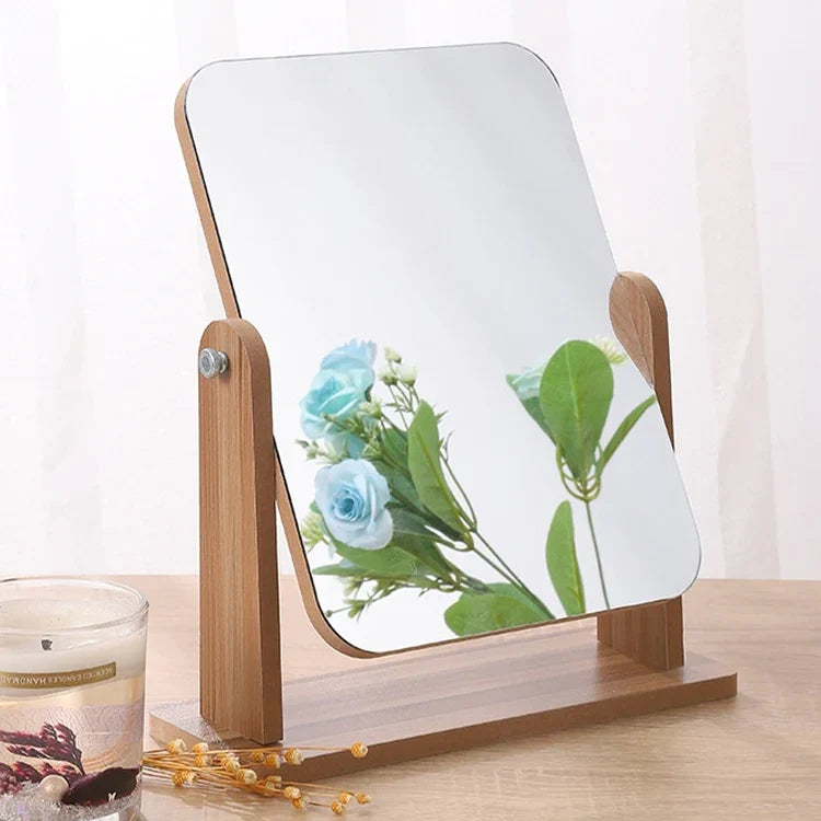 Desk Mirror 360 Degree Rotatable Natural Wood