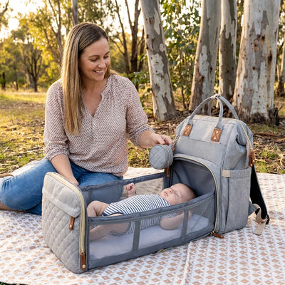 Diaper Backpack Fold-Out Padded Baby Bed Multiple Zippered Compartments