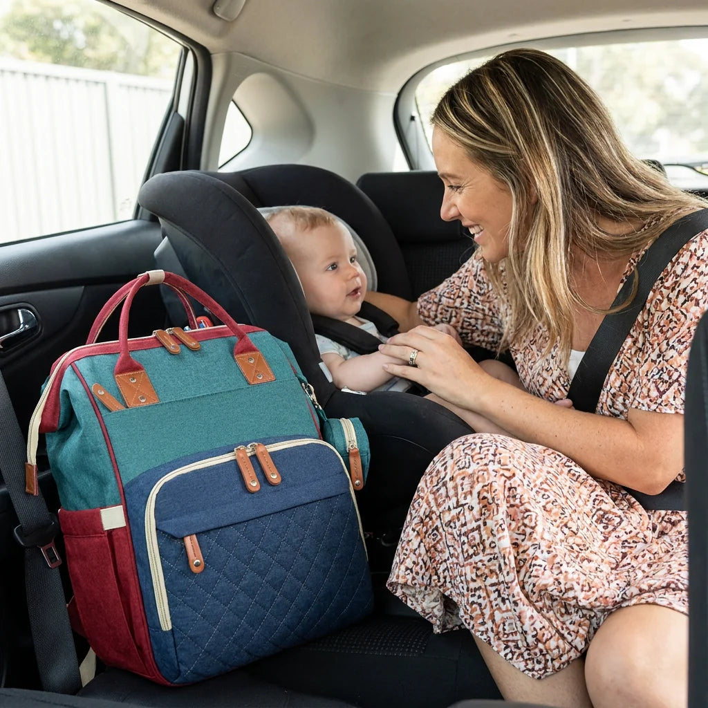 Diaper Backpack Fold-Out Padded Baby Bed Multiple Zippered Compartments