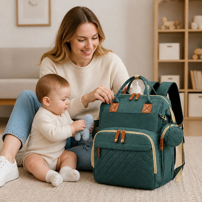 Diaper Backpack Fold-Out Padded Baby Bed Multiple Zippered Compartments