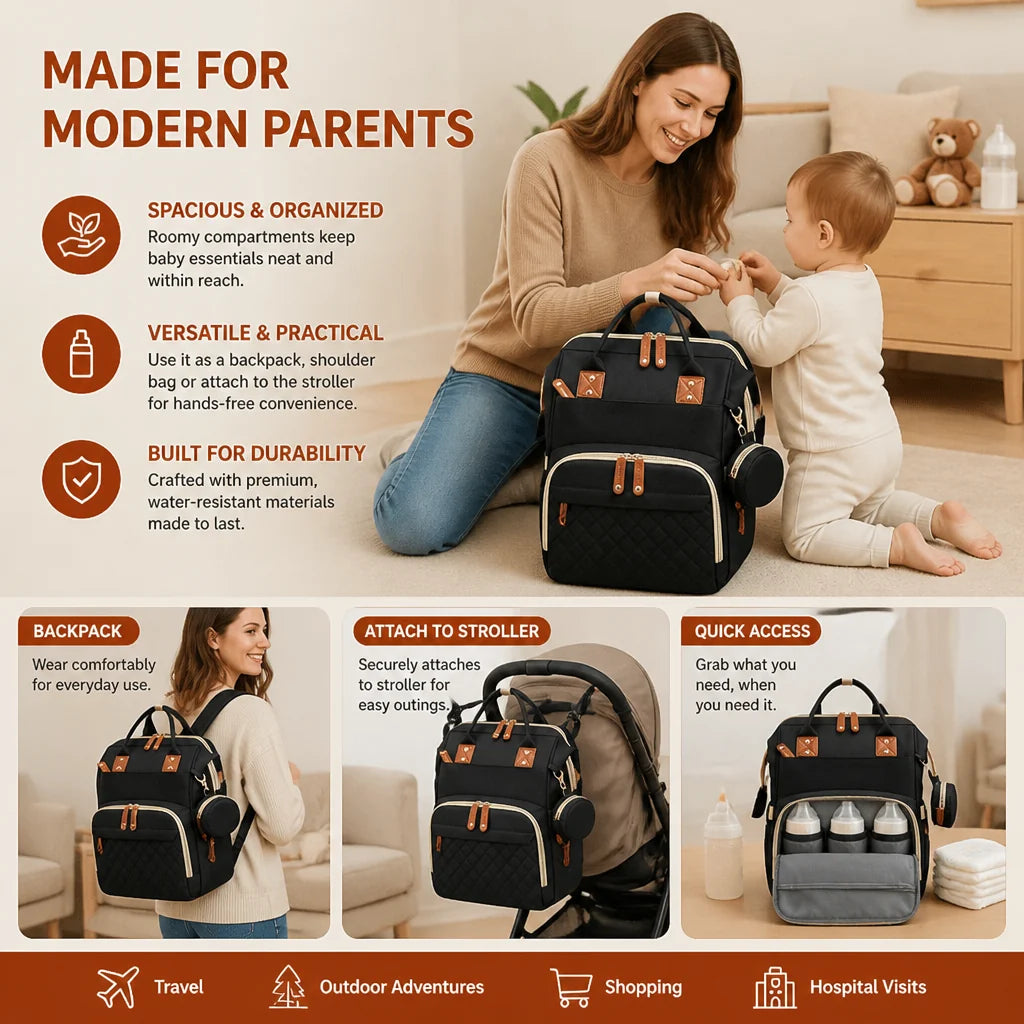 Diaper Backpack Fold-Out Padded Baby Bed Multiple Zippered Compartments