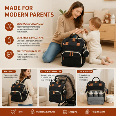 Diaper Backpack Fold-Out Padded Baby Bed Multiple Zippered Compartments