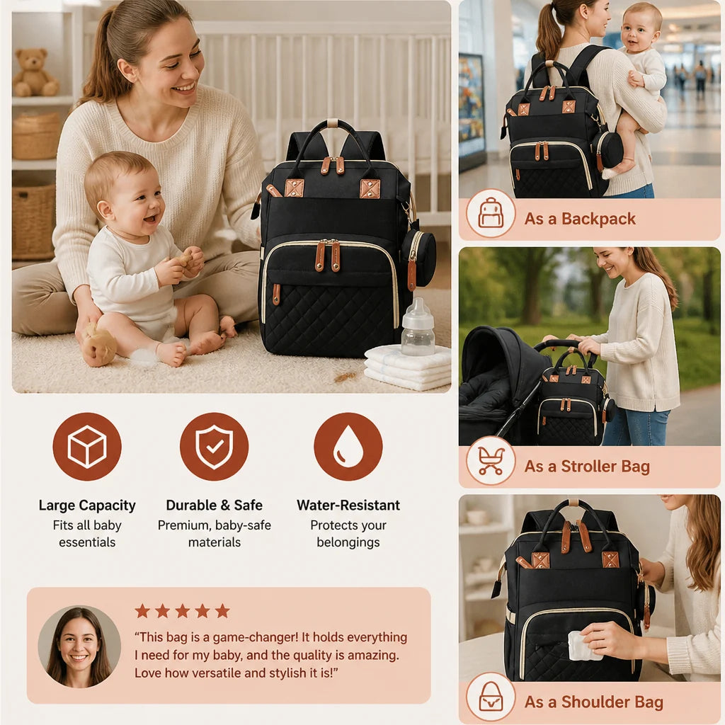 Diaper Backpack Fold-Out Padded Baby Bed Multiple Zippered Compartments