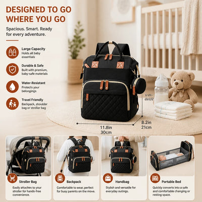 Diaper Backpack Fold-Out Padded Baby Bed Multiple Zippered Compartments