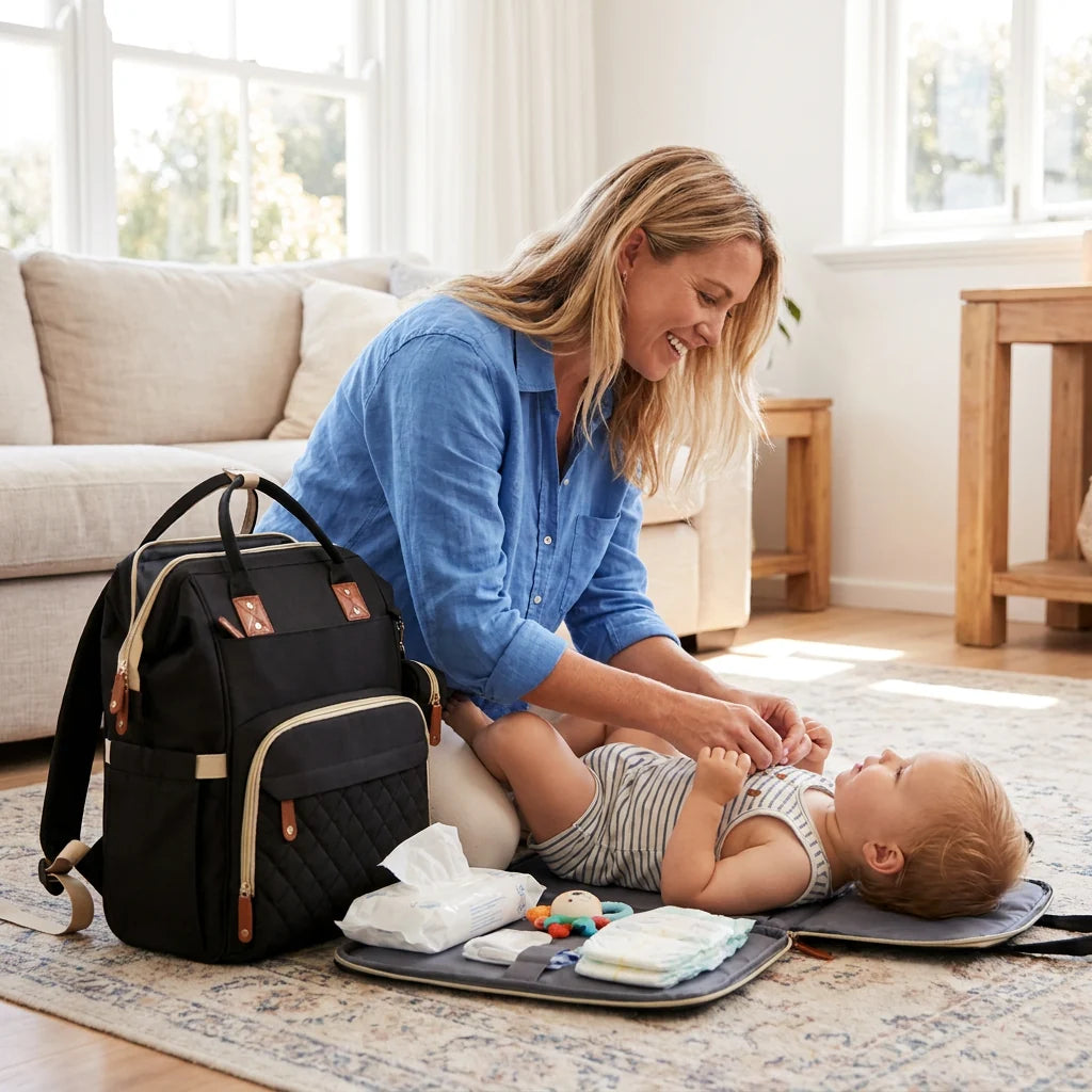 Diaper Backpack Fold-Out Padded Baby Bed Multiple Zippered Compartments