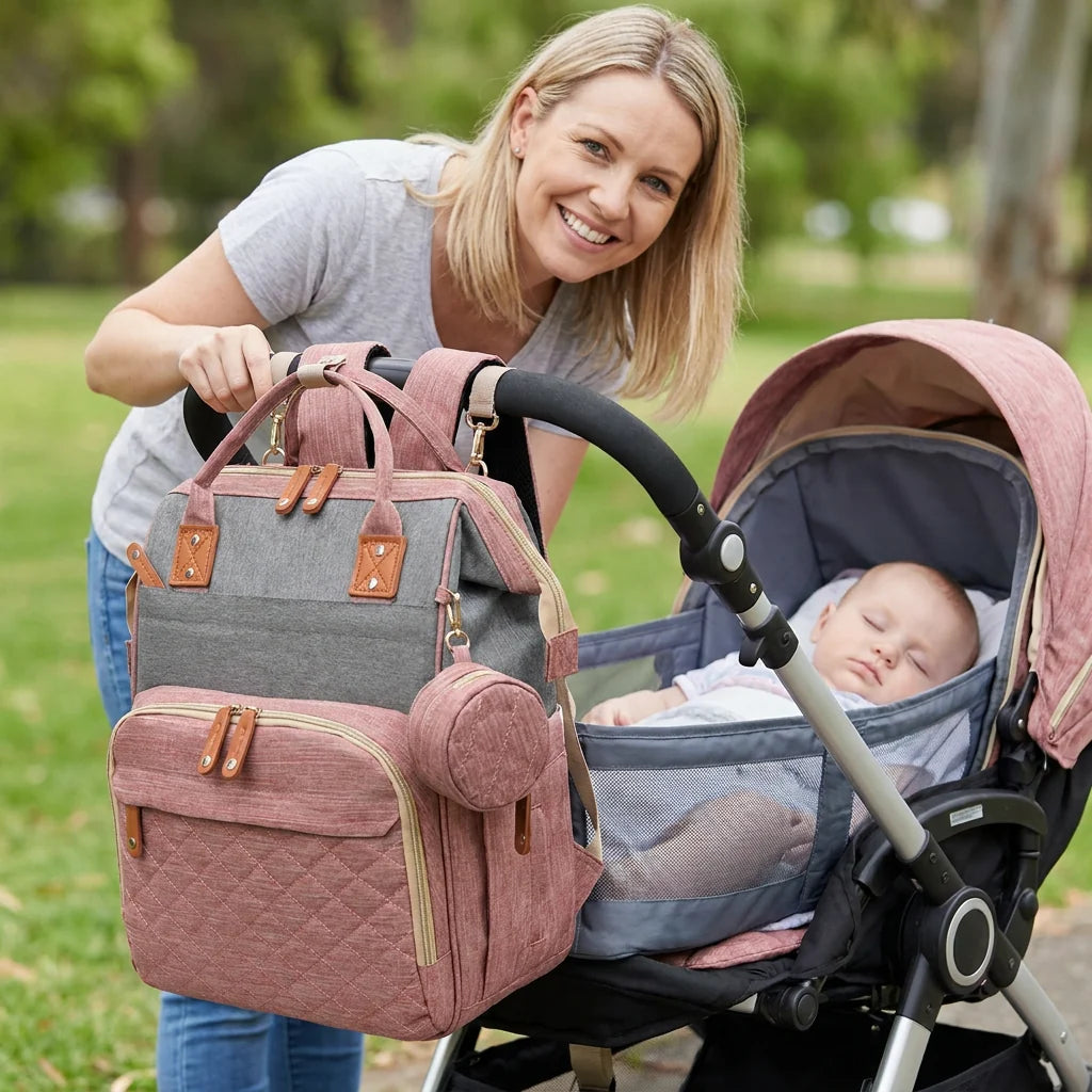 Diaper Backpack Fold-Out Padded Baby Bed Multiple Zippered Compartments