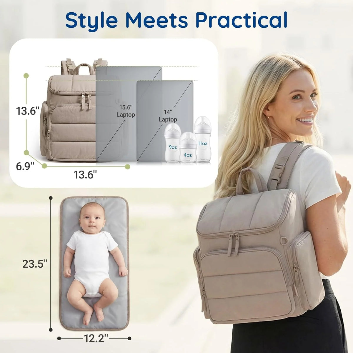 Diaper Backpack Insulated Bottle Pockets Divided Interior Stroller Loops