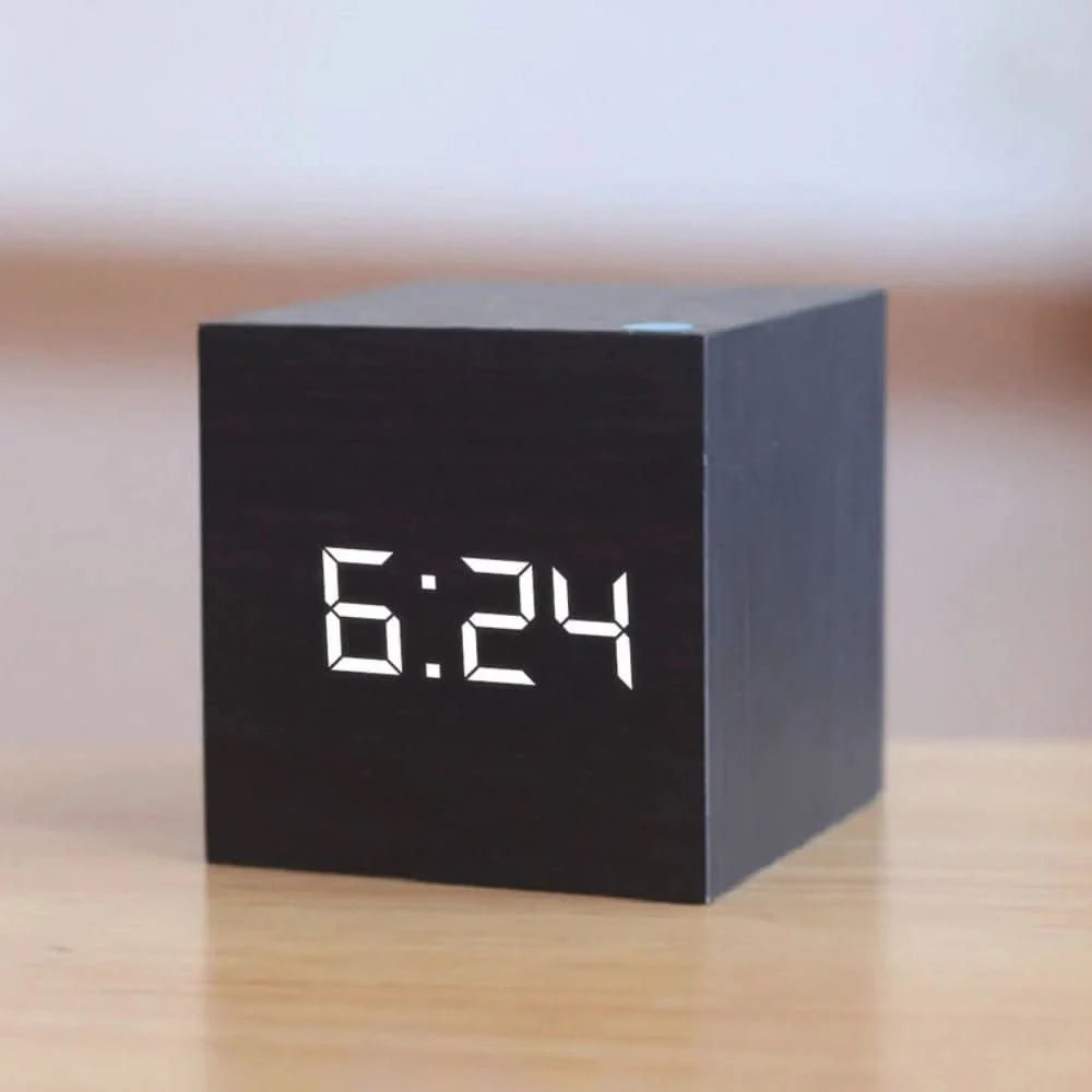 Digital Alarm Clock Cube Design Adjustable Brightness Date & Temperature Display