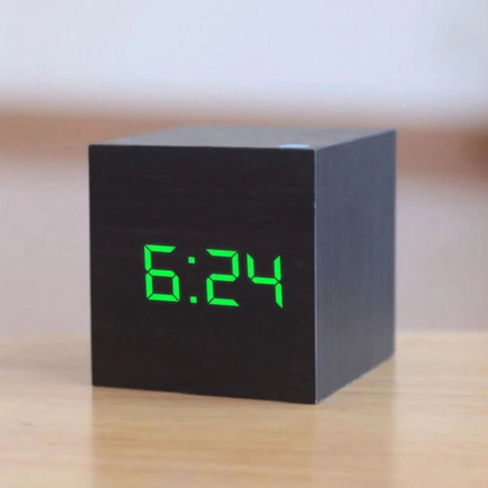 Digital Alarm Clock Cube Design Adjustable Brightness Date & Temperature Display
