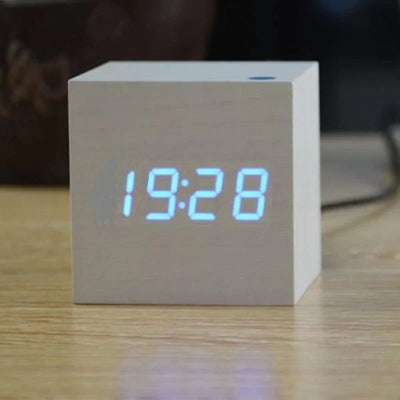 Digital Cube Clock Bamboo & Wood Battery-Powered
