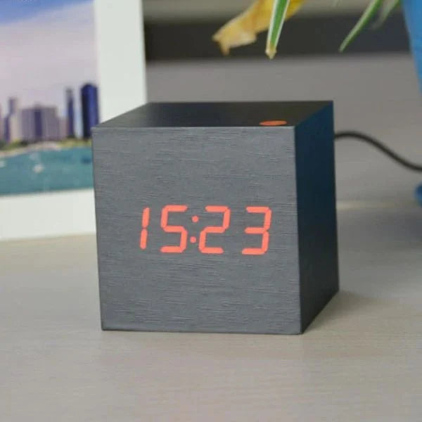 Digital Cube Clock Bamboo & Wood Battery-Powered