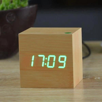 Digital Cube Clock Bamboo & Wood Battery-Powered