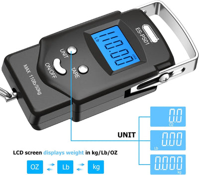 Digital Hanging Scale Built-In Tape Measure 110 Lb Capacity Backlit LCD