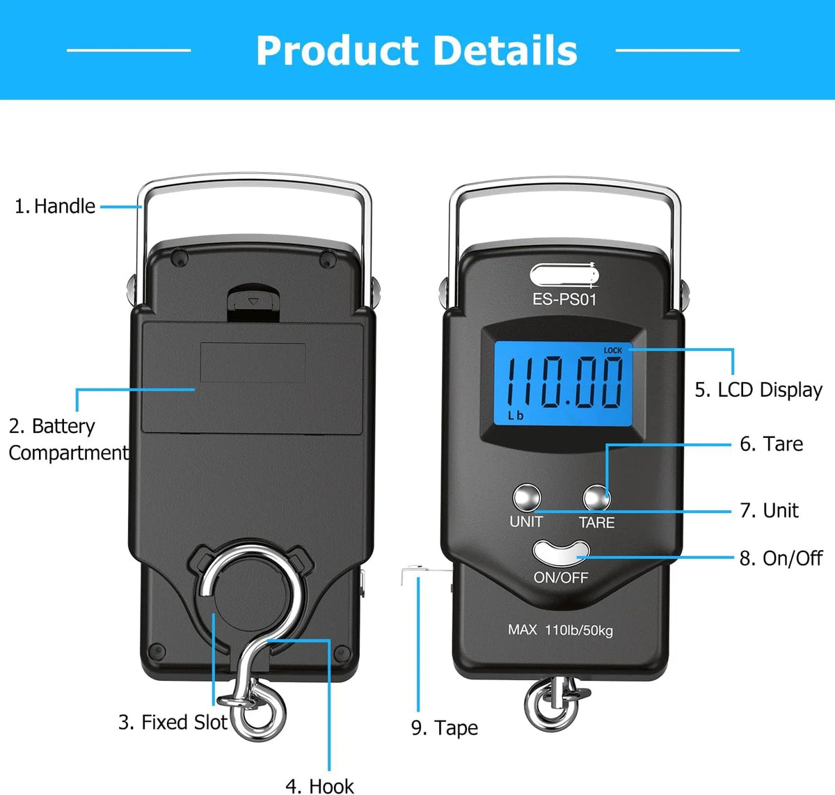 Digital Hanging Scale Built-In Tape Measure 110 Lb Capacity Backlit LCD