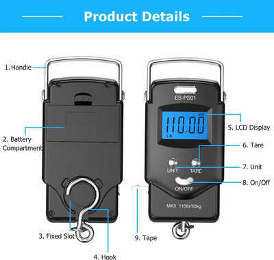 Digital Hanging Scale Built-In Tape Measure 110 Lb Capacity Backlit LCD