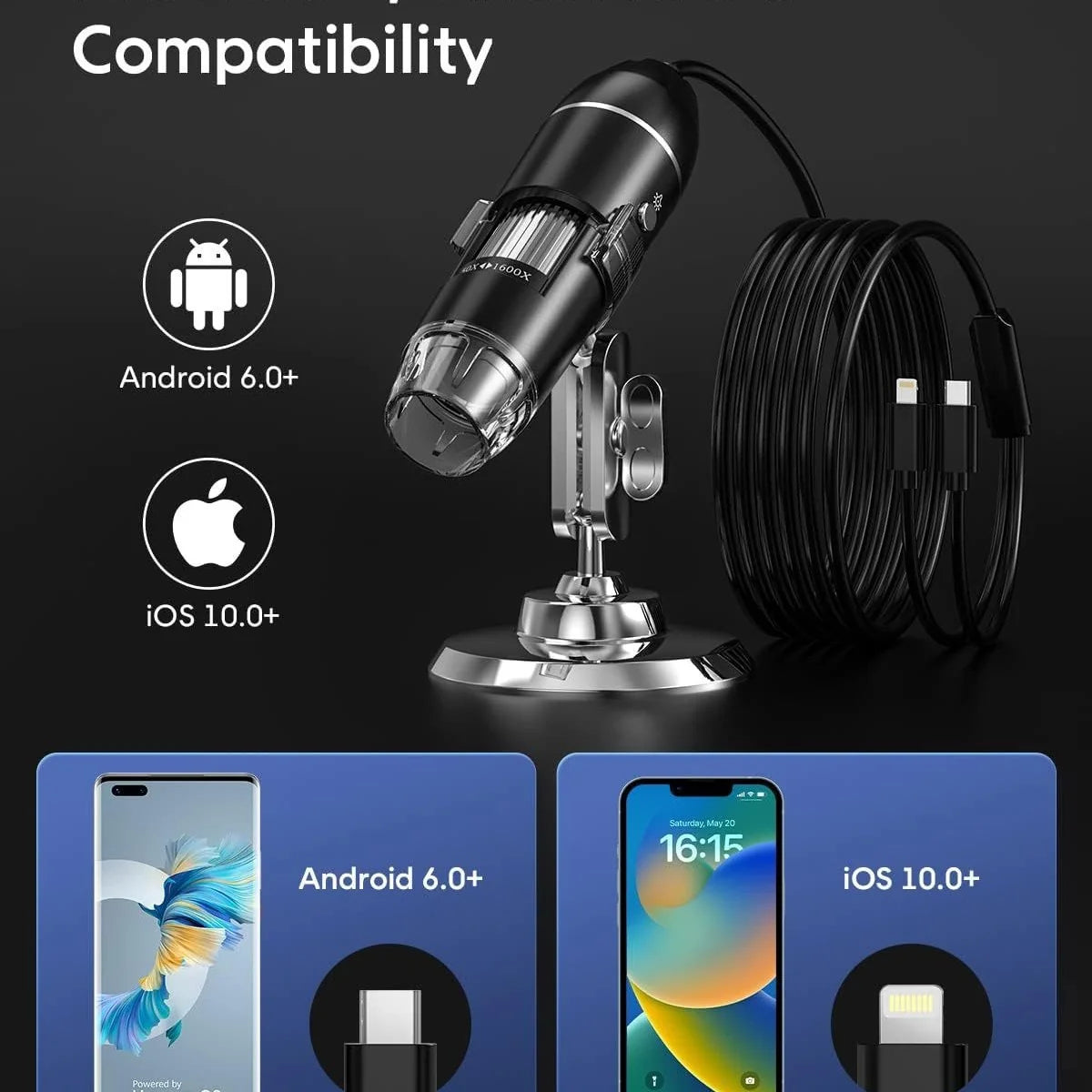 Digital Microscope 1600x Magnification USB-Powered