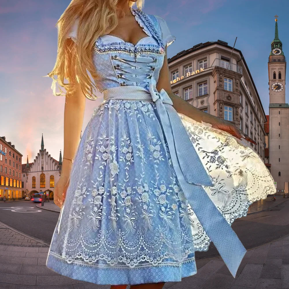 Dirndl Dress Adjustable Bodice Lacing Embroidered Accents