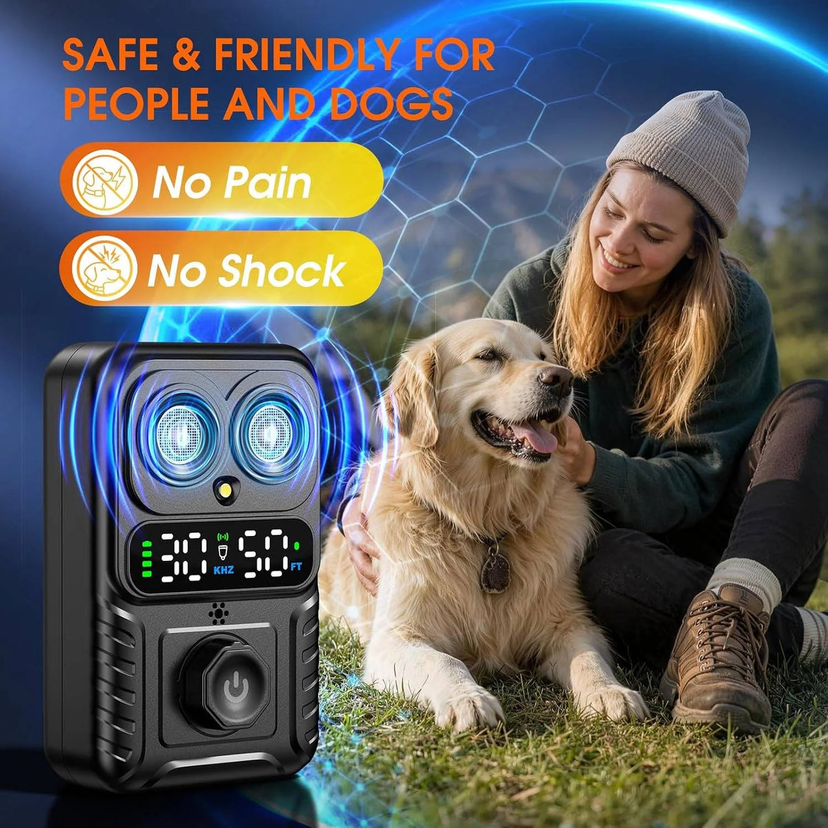 Dog Bark Deterrent Dual Ultrasonic Emitters Waterproof 30-Day Battery