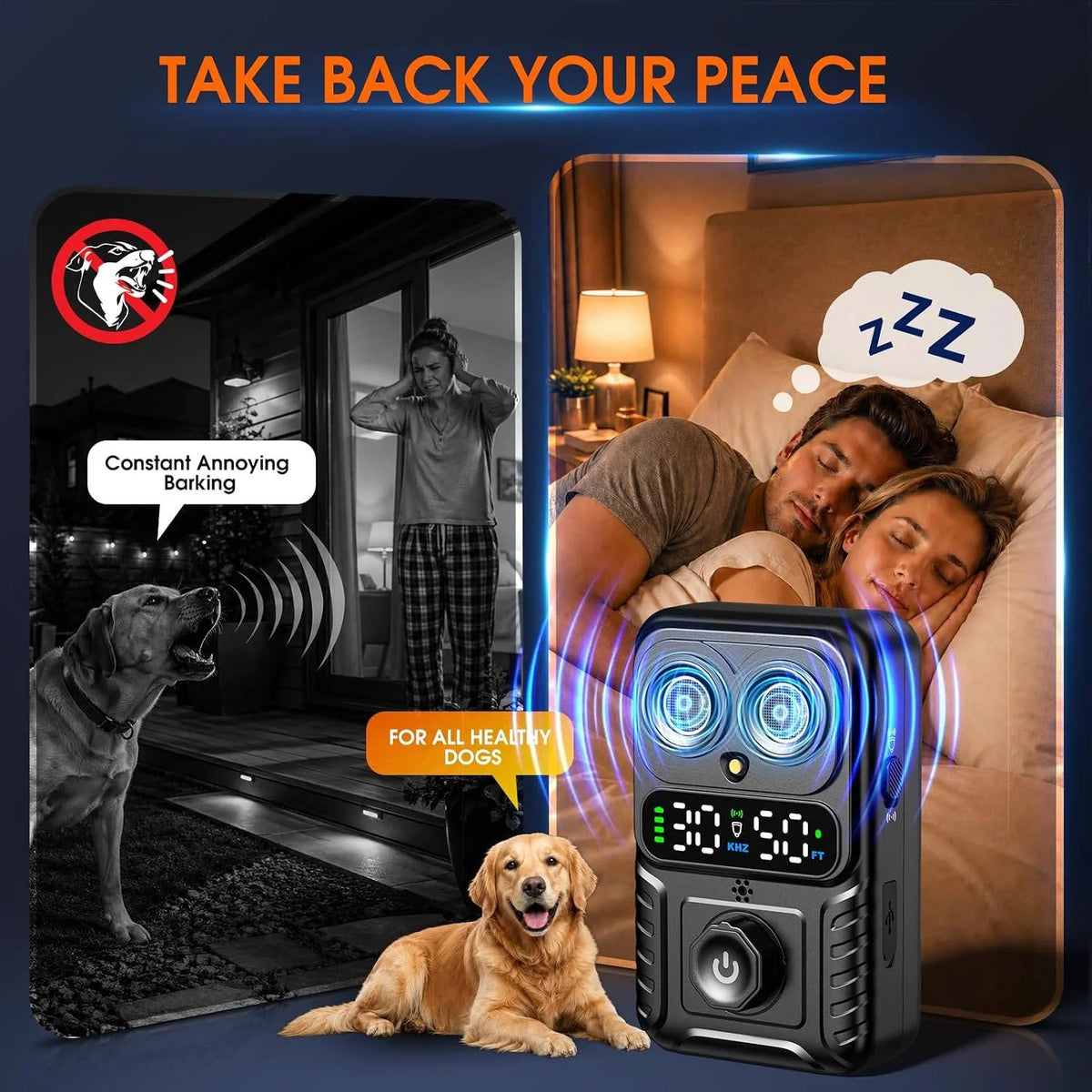 Dog Bark Deterrent Dual Ultrasonic Emitters Waterproof 30-Day Battery