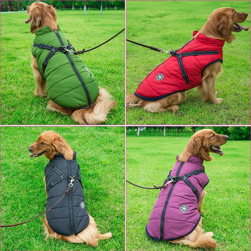 Dog Jacket Wind & Water-Repellent Integrated Harness Reflective Trim
