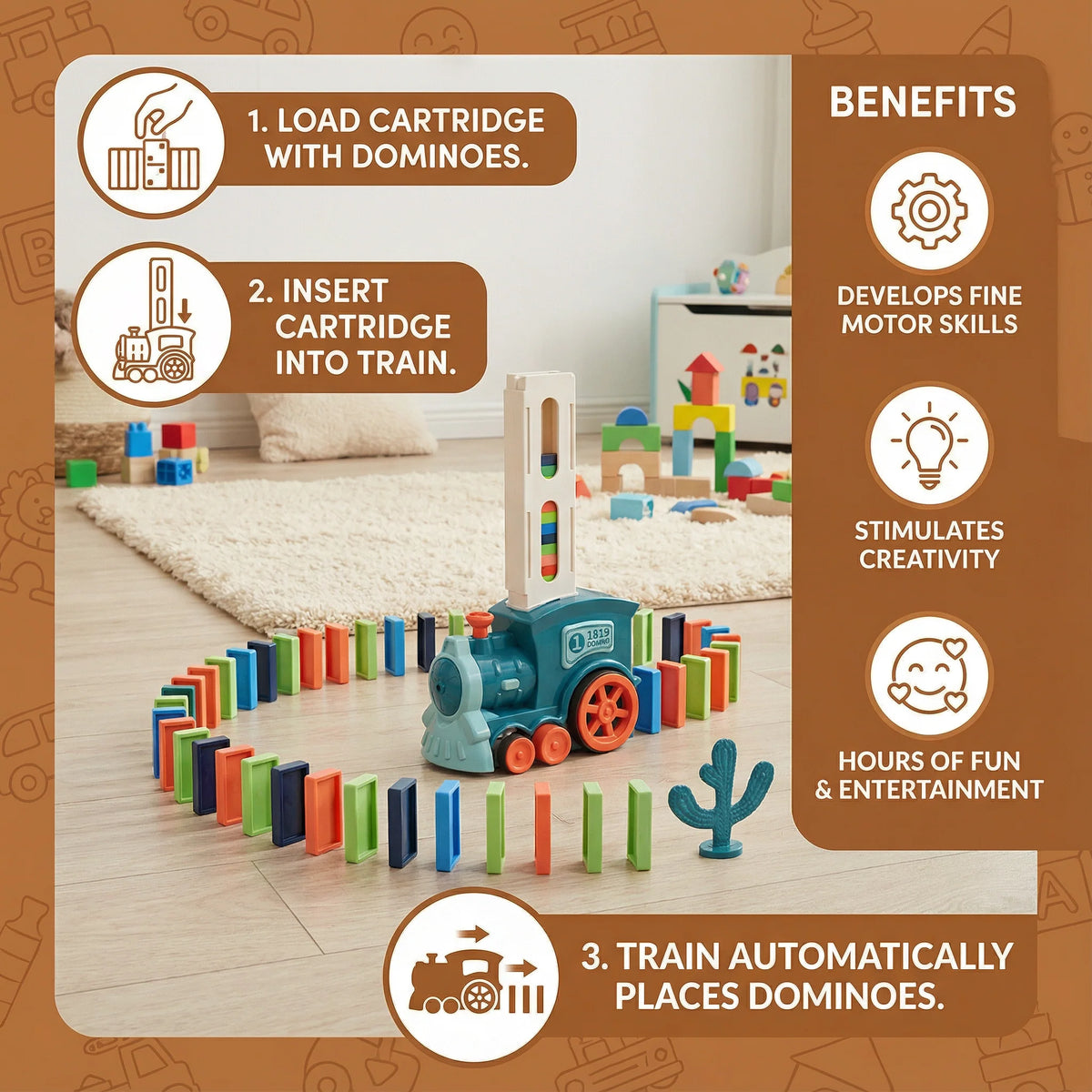 Domino Train Toy Motorized Automatic Placement Reusable Cartridge