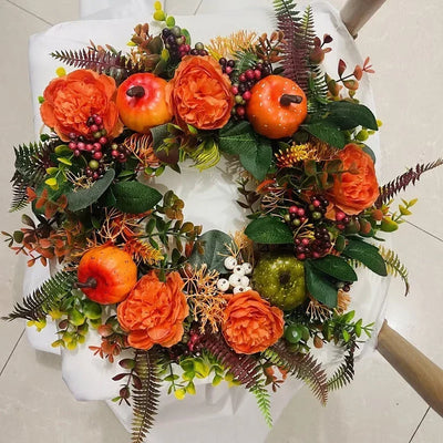 Door Wreath Handcrafted Weatherproof Peonies & Pumpkin Two Sizes