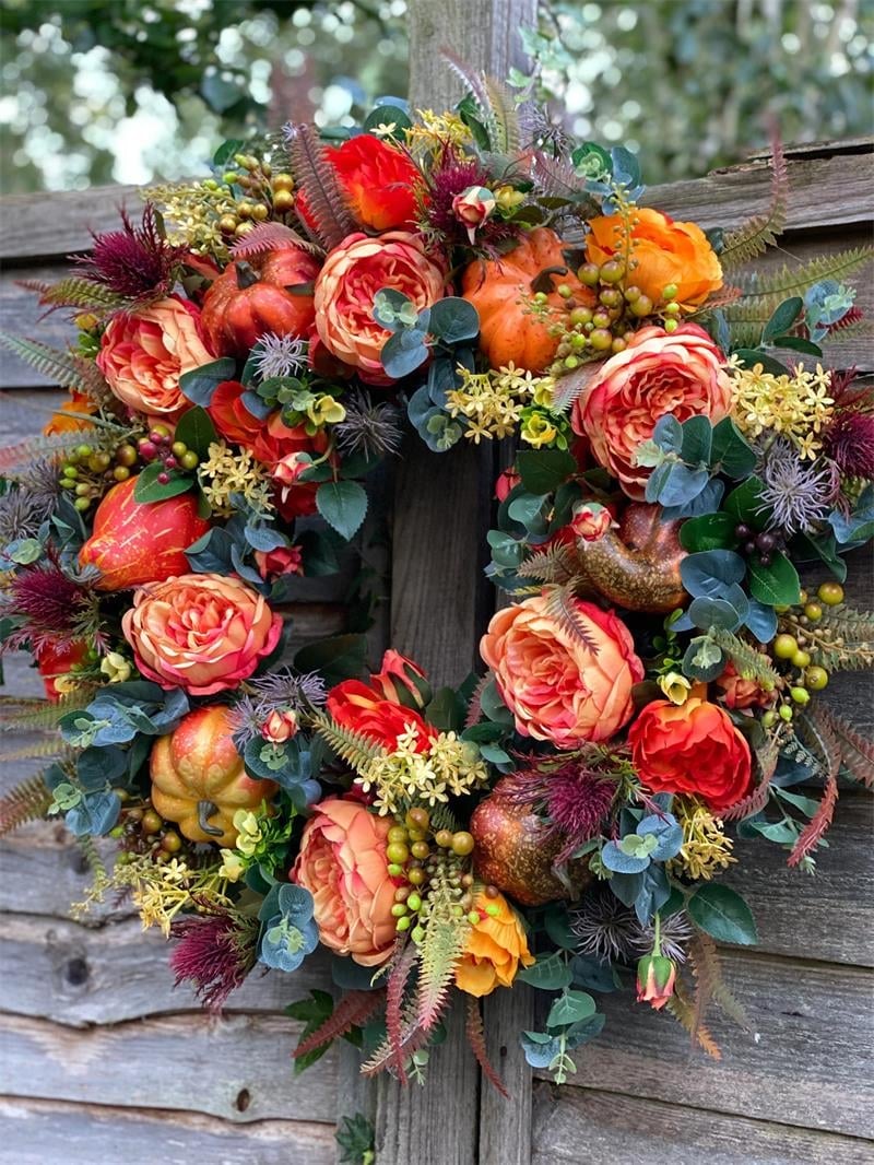 Door Wreath Handcrafted Weatherproof Peonies & Pumpkin Two Sizes