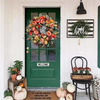 Door Wreath Handcrafted Weatherproof Peonies & Pumpkin Two Sizes