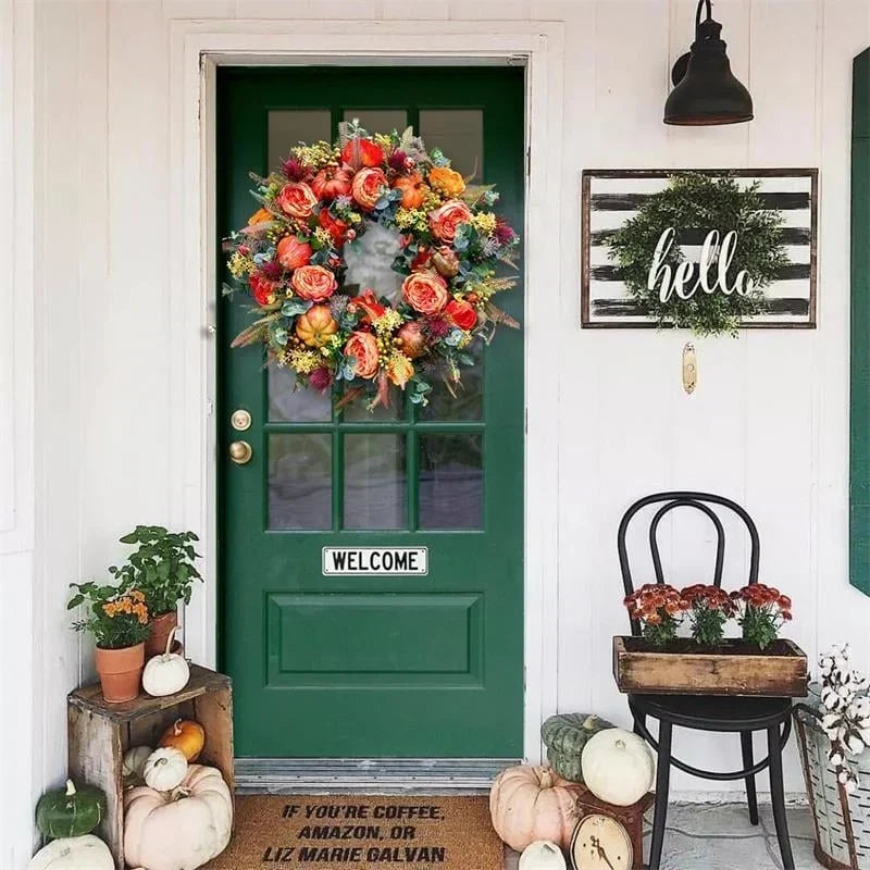 Door Wreath Handcrafted Weatherproof Peonies & Pumpkin Two Sizes