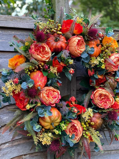 Door Wreath Handcrafted Weatherproof Peonies & Pumpkin Two Sizes