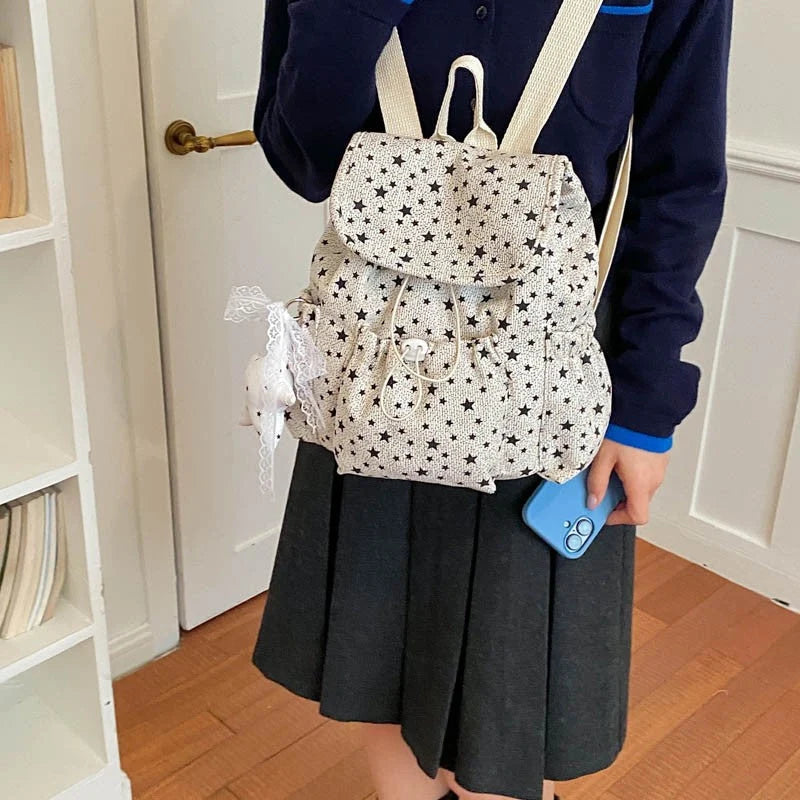 Drawstring Backpack Star Pattern Multiple Pockets Adjustable Straps