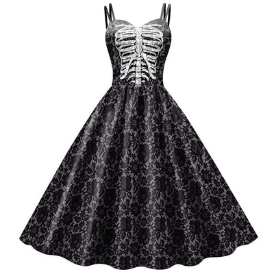 Dress Fit and Flare Skeleton & Rose Print