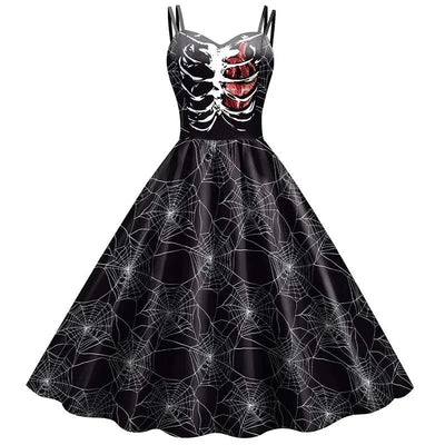 Dress Fit and Flare Skeleton & Rose Print