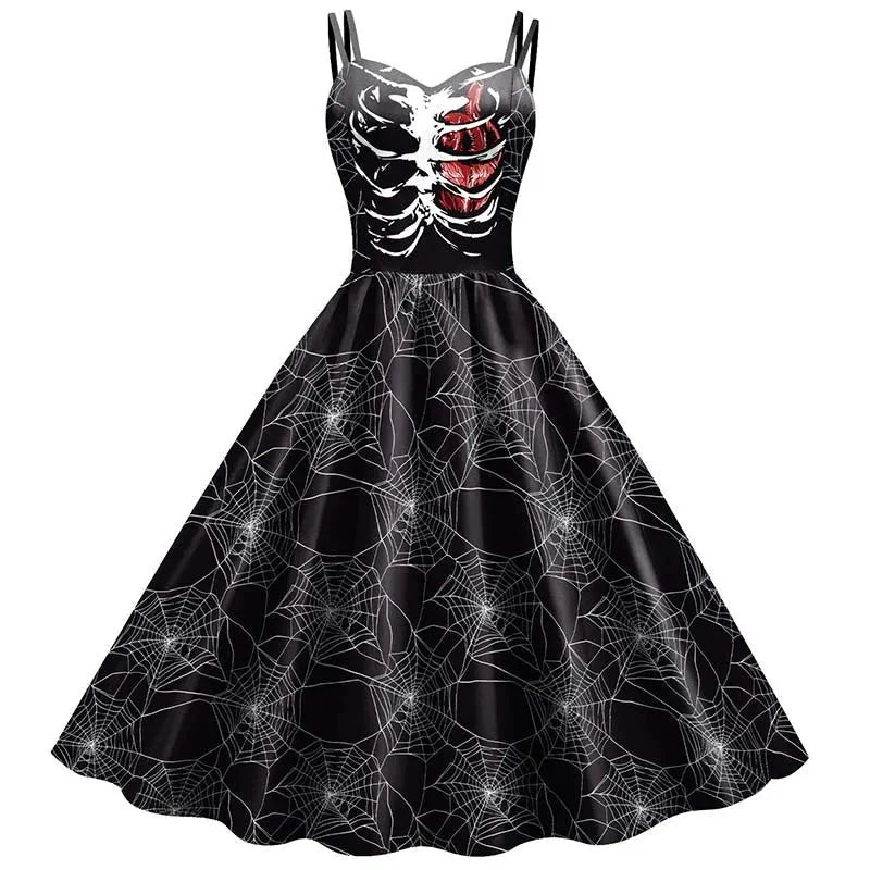 Dress Fit and Flare Skeleton & Rose Print