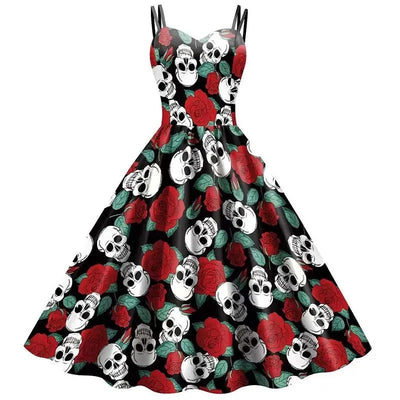 Dress Fit and Flare Skeleton & Rose Print