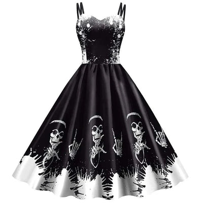 Dress Fit and Flare Skeleton & Rose Print