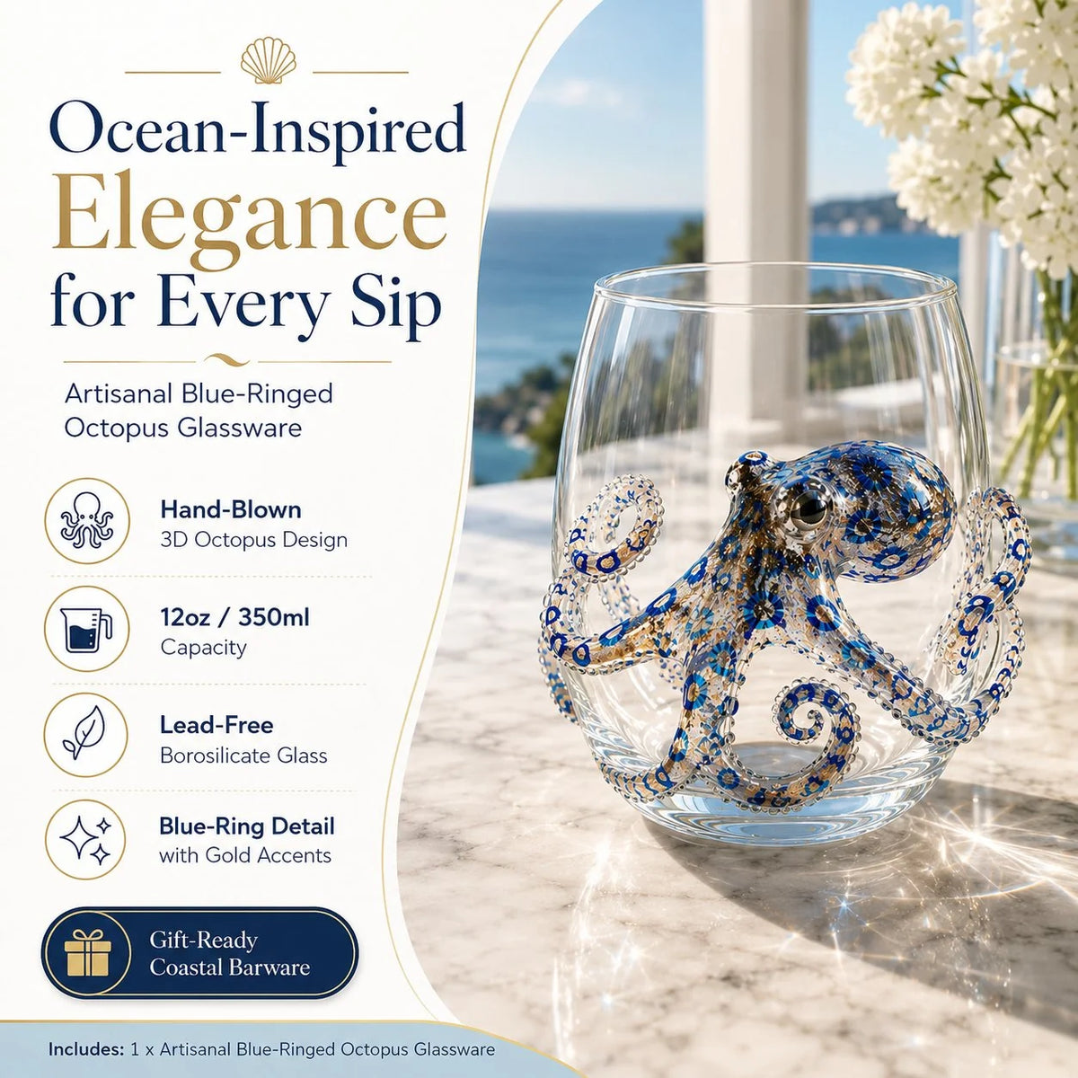 Drinking Glass Hand-Painted Octopus Motif