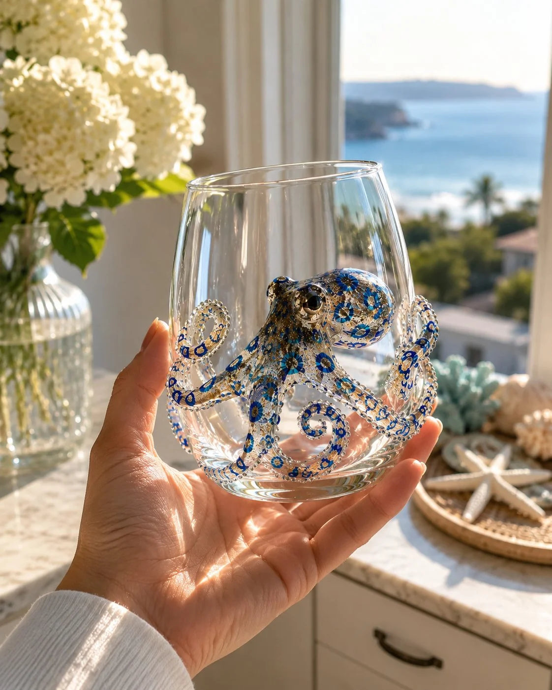 Drinking Glass Hand-Painted Octopus Motif